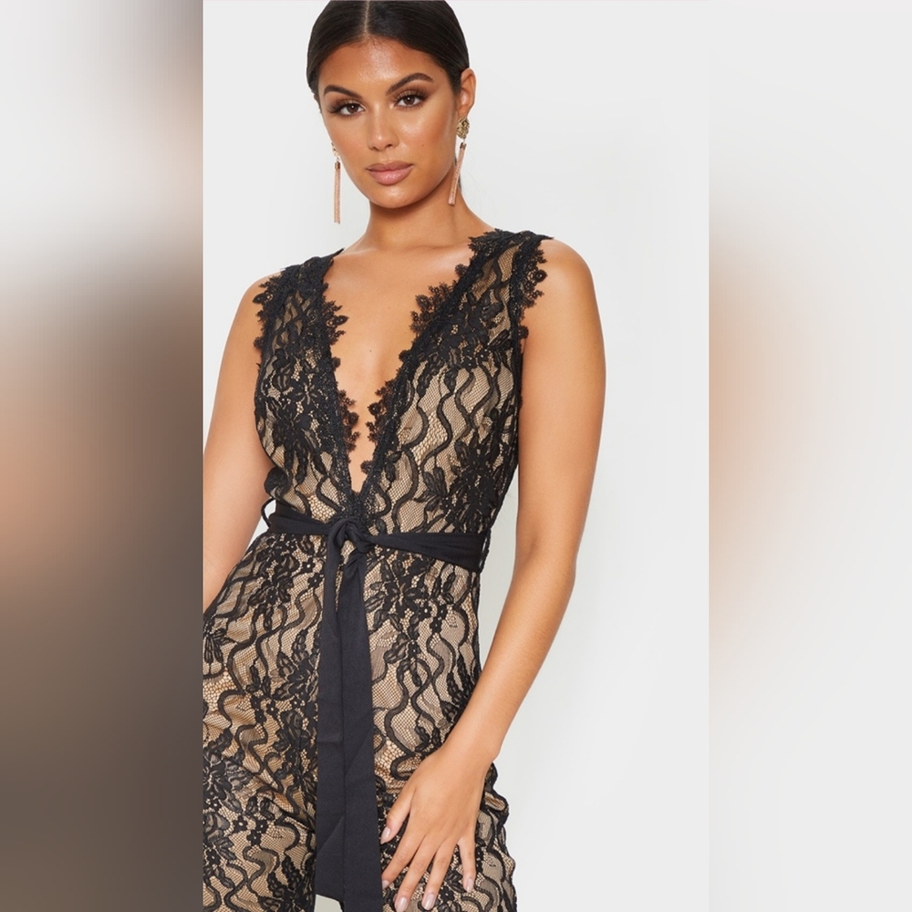 PLT black lace contrast plunge jumpsuit
